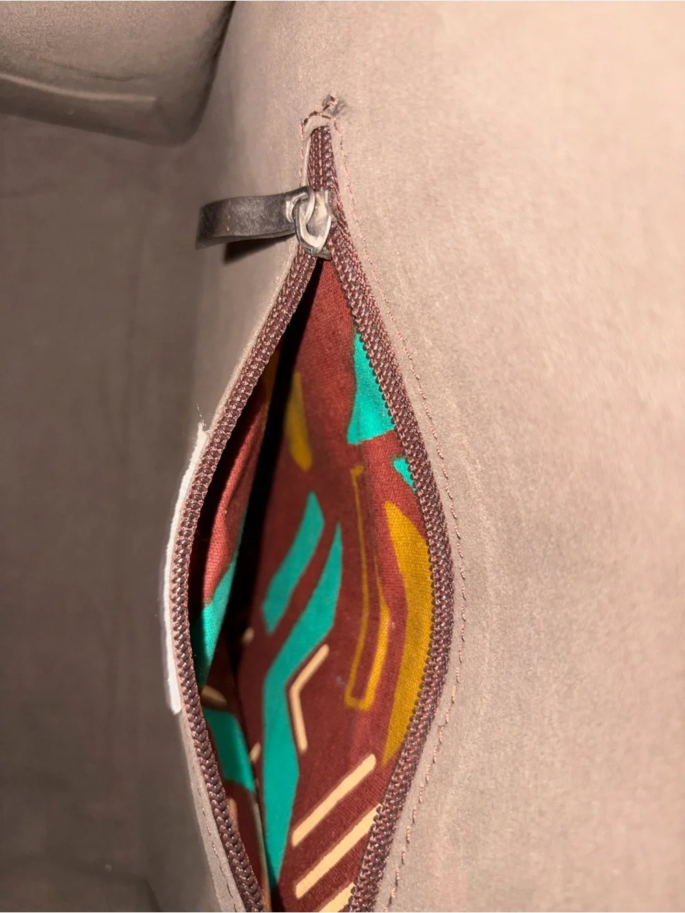 Stylish Brown Canvas Top-Handle Bag with Teal & Mustard Geometric Flap